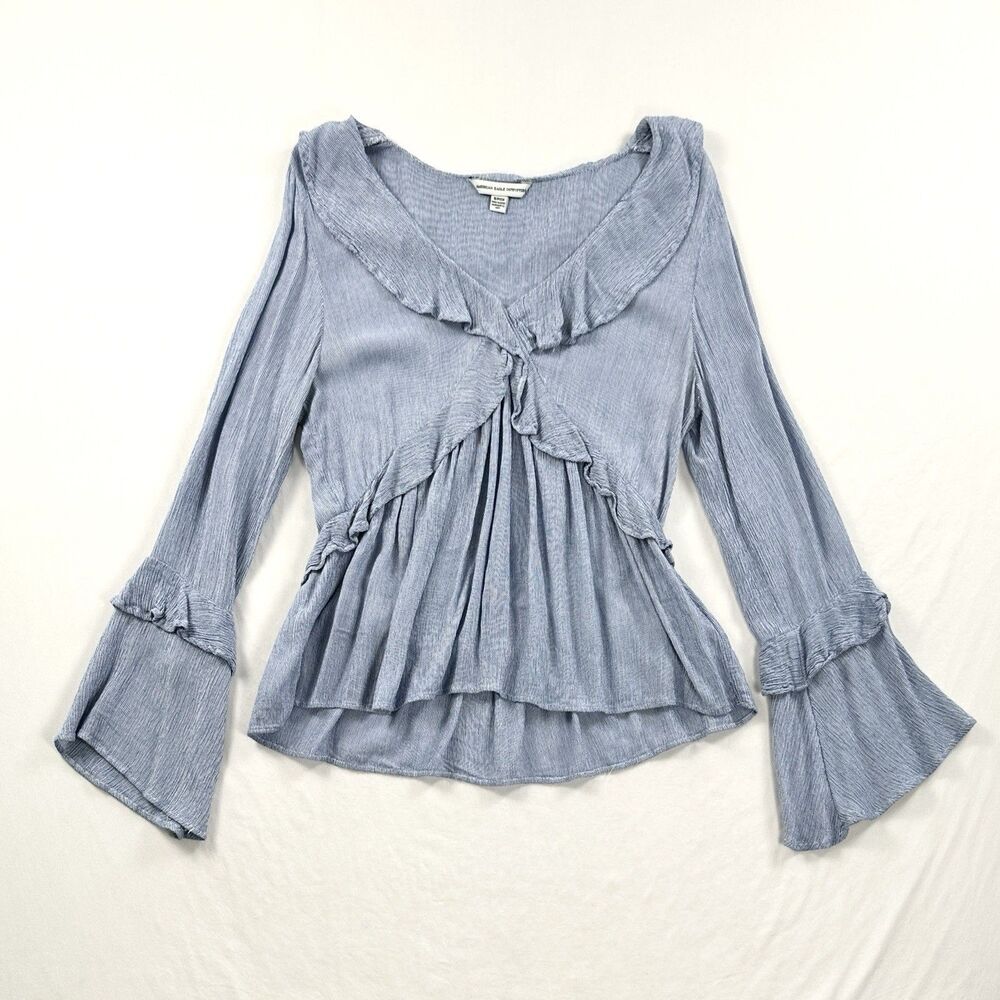 American Eagle Outfitters Ruffle Top Womens Small Blue Striped Bell Sleeve